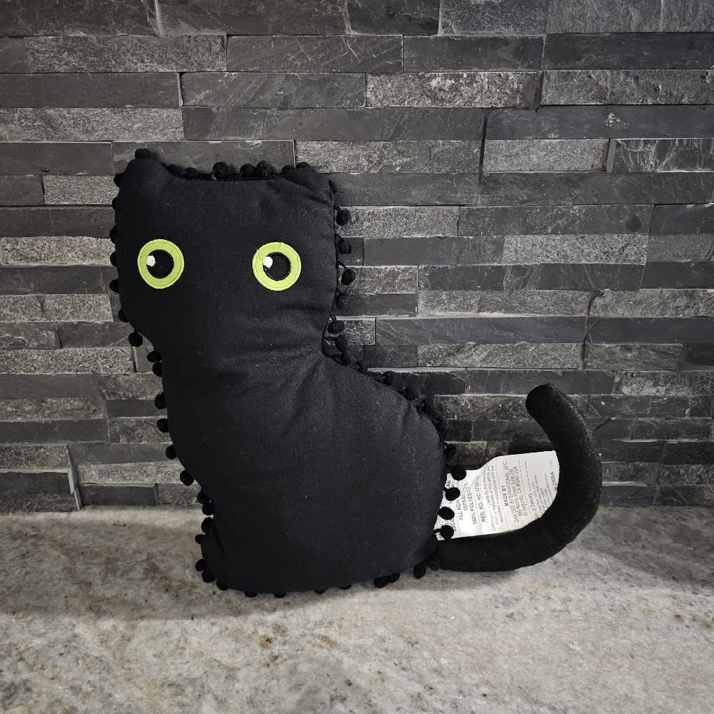 🐈‍⬛️ New Halloween Black Cat Shaped Throw Pillow w/ Pom Pom Trim & Tail – 14"